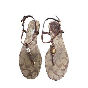 Coach Women's Signature Print Thong Sandals Brown/Gold Leather Size 8B